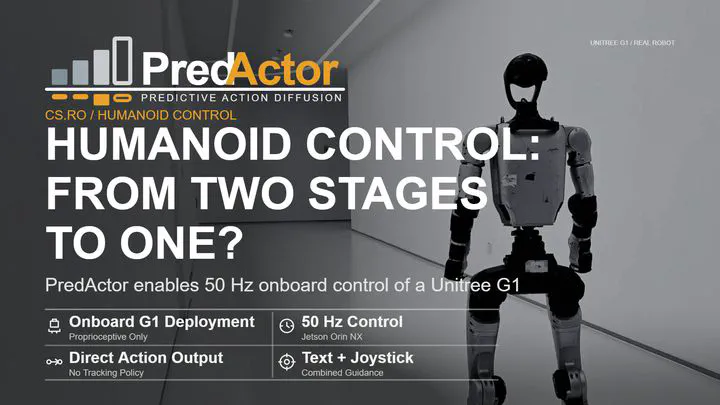 PredActor cover: predictive action diffusion, Unitree G1 hardware, and 50 Hz onboard control.